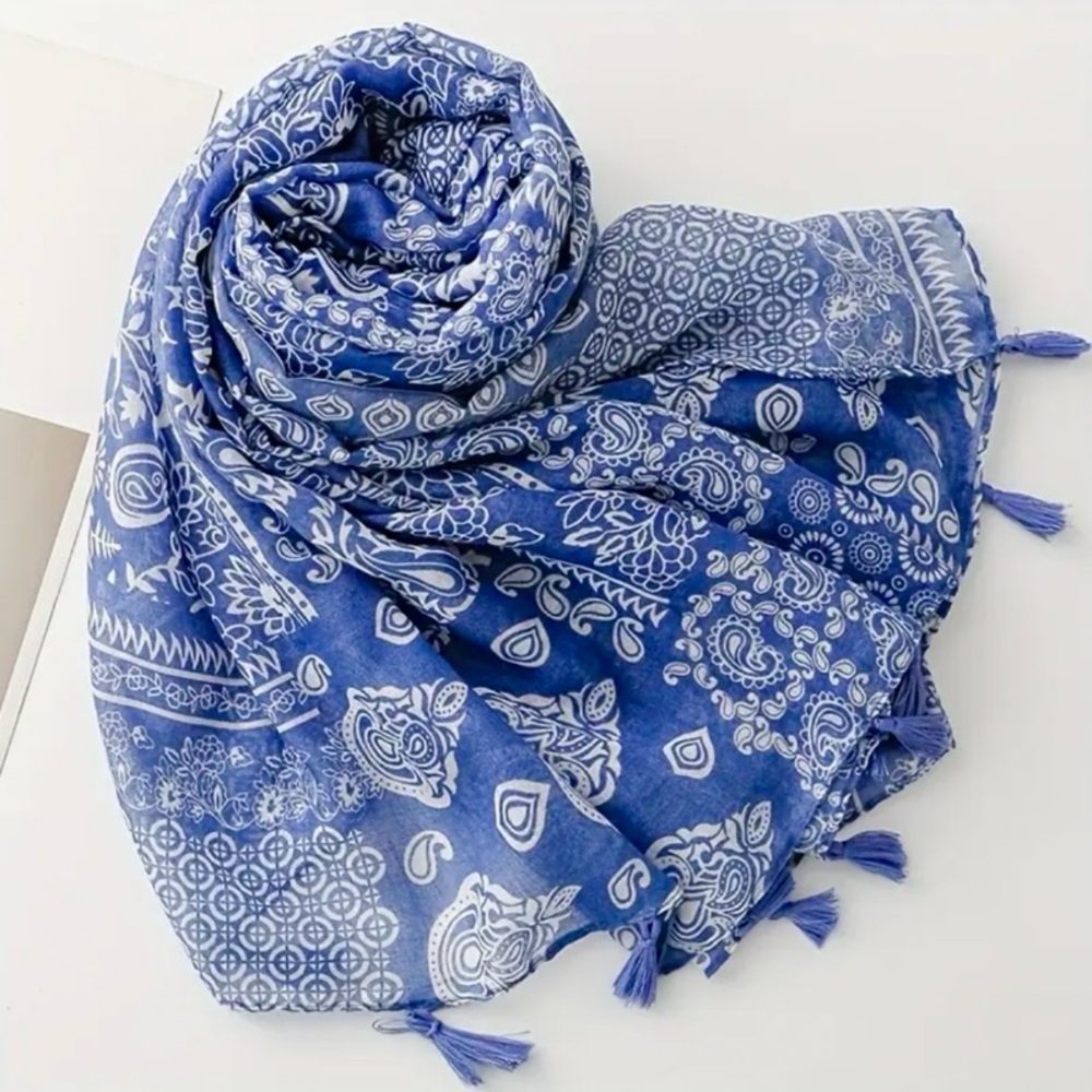 Blue White Porcelain Paisley Floral Bohemian Scarf Shawl - Picture 2 of 8